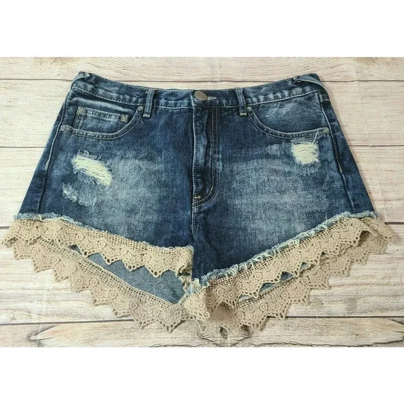 Free People Women's Denim Jean Shorts Size 27 Distressed Crochet Hem High Waist - Picture 1 of 4
